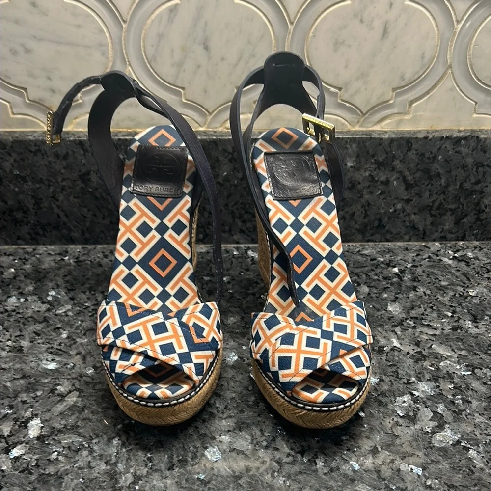 Tory Burch Navy & Orange Geometric Espadrille Wedge Sandals